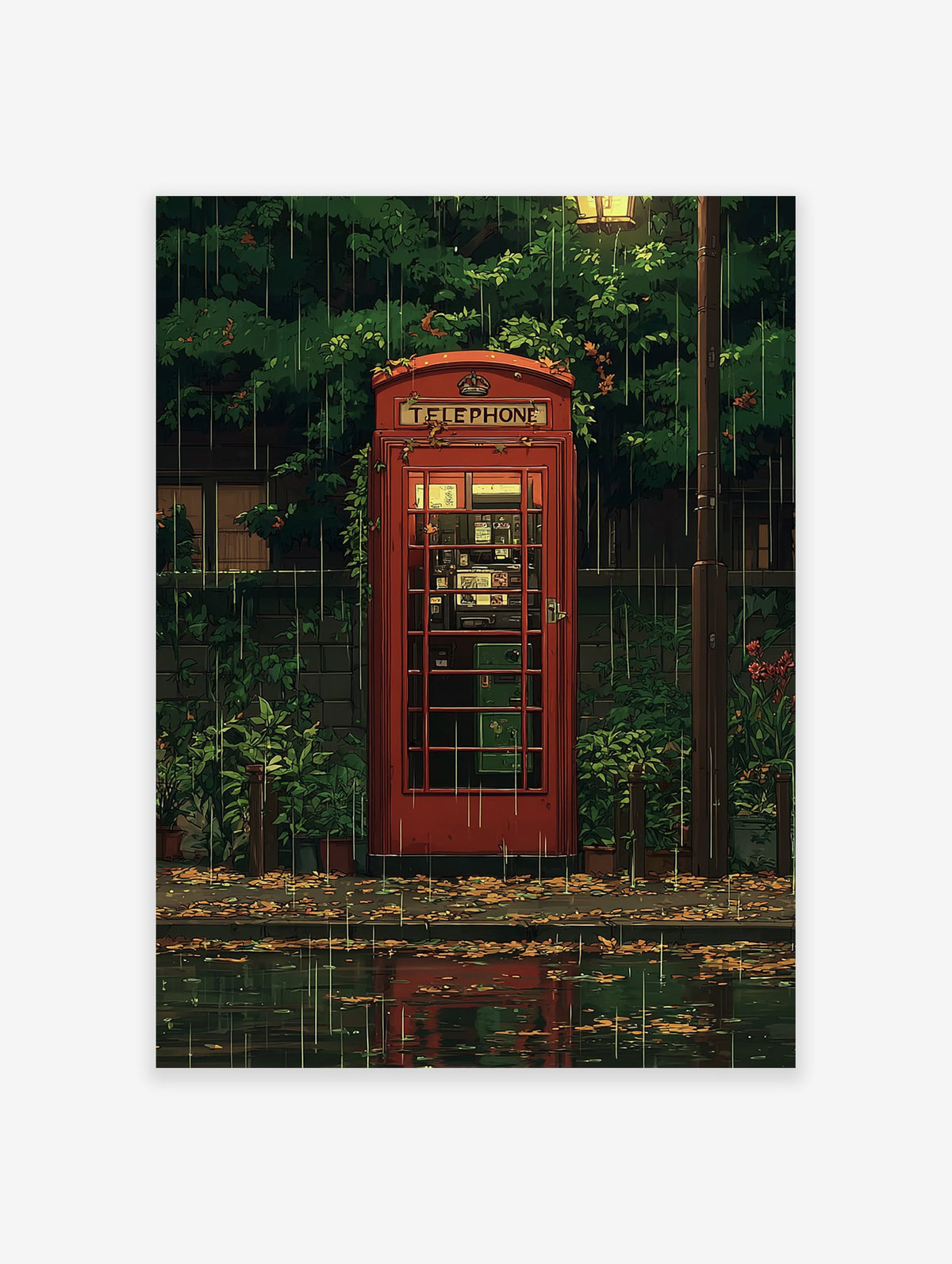 Red telephone booth poster on a rainy street with green foliage, wet ground, and reflections, in an anime illustration style.
