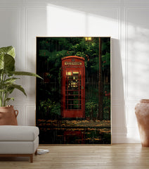 Red telephone booth poster on a rainy street with green foliage, wet ground, and reflections, in an anime illustration style. - Image 3