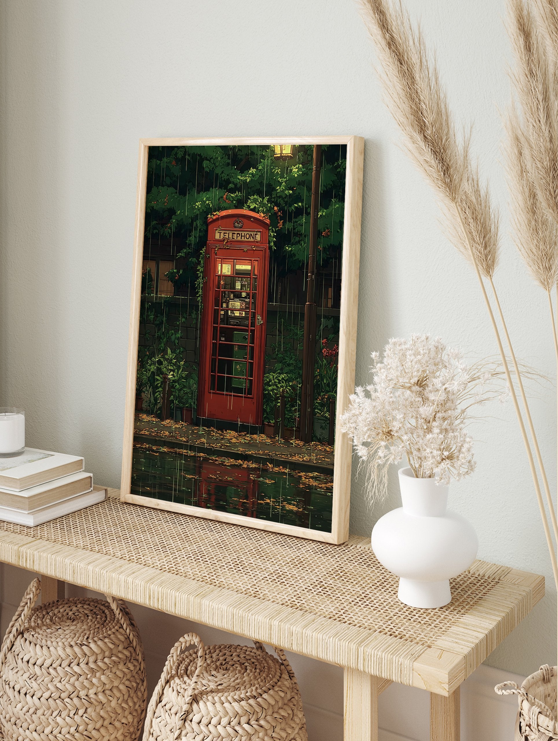 Red telephone booth poster on a rainy street with green foliage, wet ground, and reflections, in an anime illustration style. - Image 4