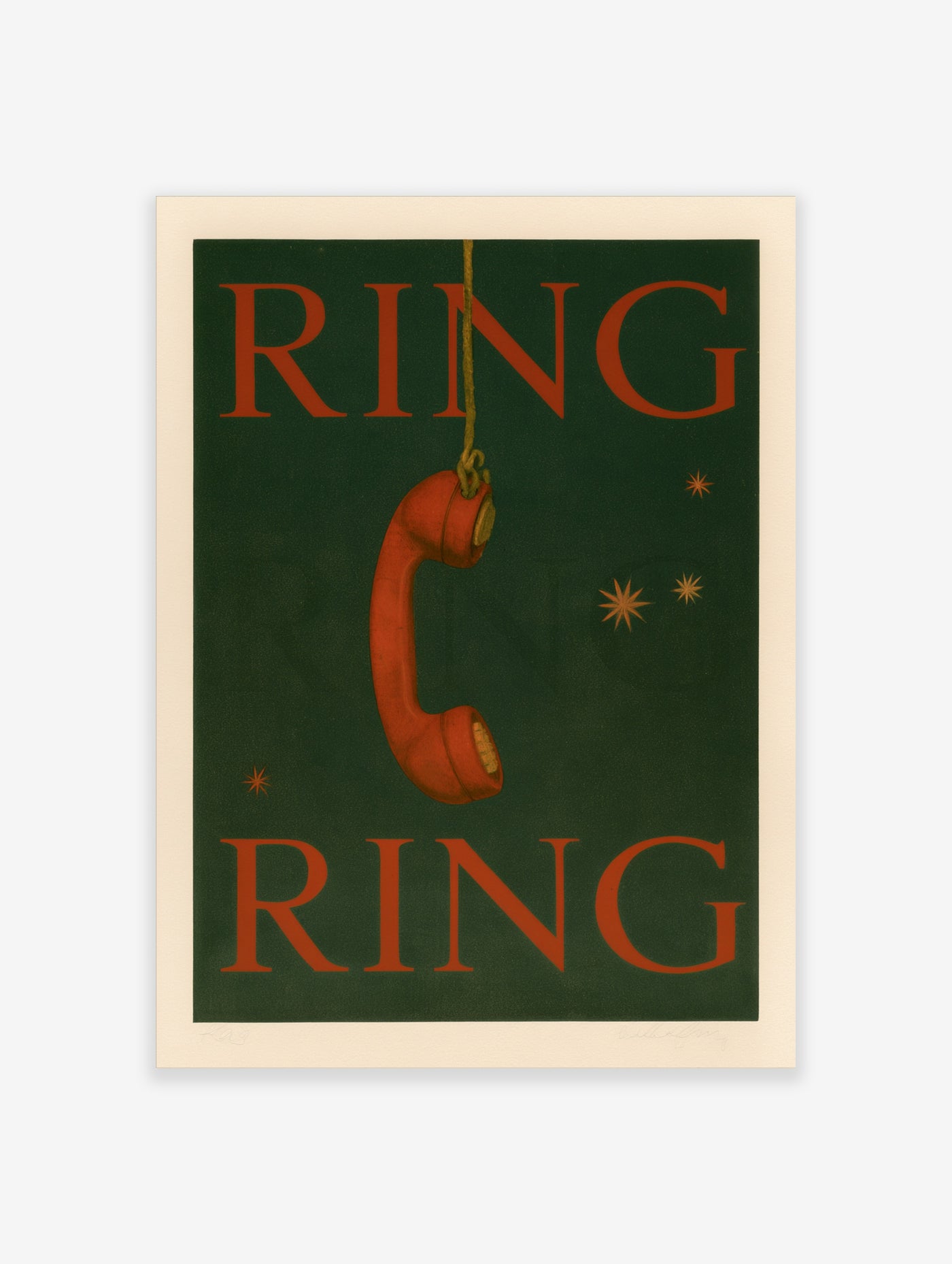 Retro style red telephone receiver hanging by a rope against a dark green background with red RING typography and stars