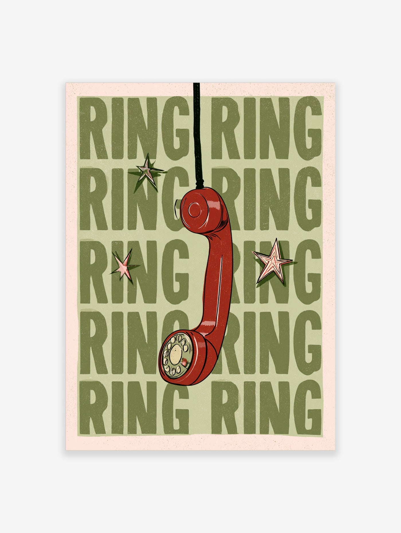 Red telephone handset illustration on a repetitive green text background that says RING with star accents