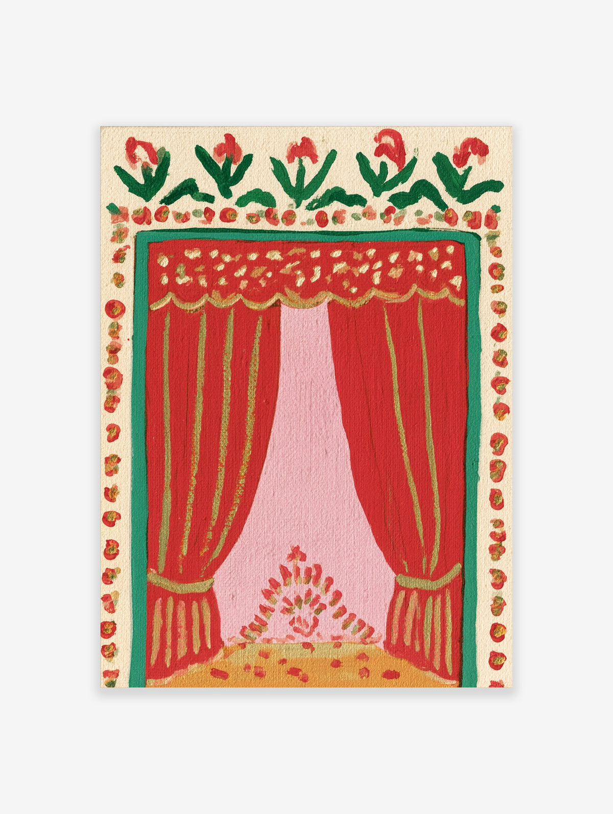 Red theatre curtain art print with pink stage opening, gold trim, and floral border