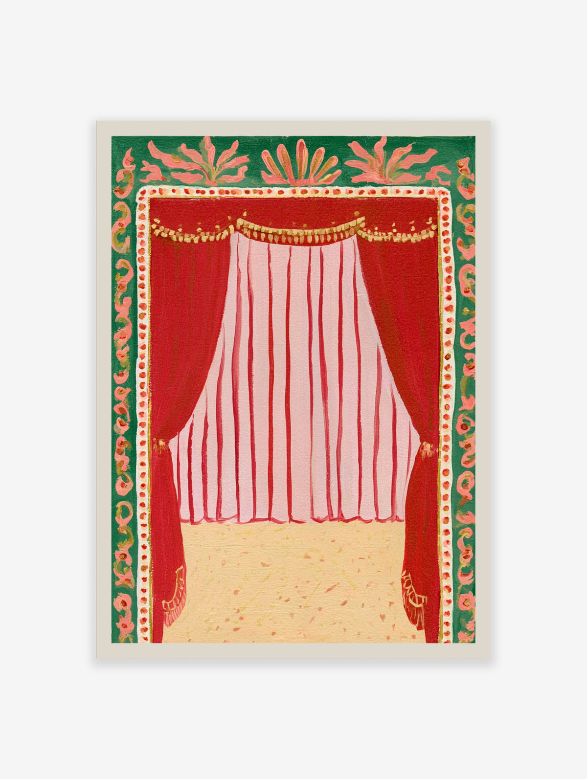 Red theatre curtain art print with pink striped drapery, gold tassels, and green decorative border