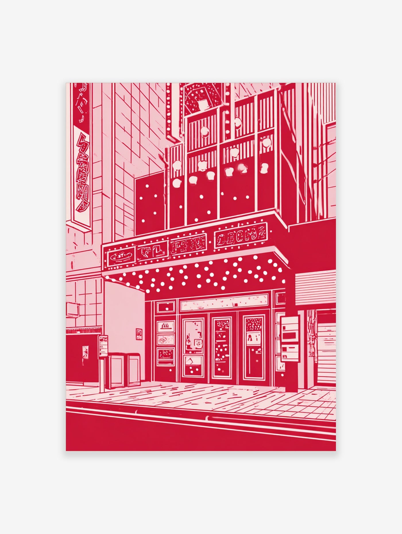 Red and white theatre poster with Japanese cinema marquee, neon lights, and bold typography