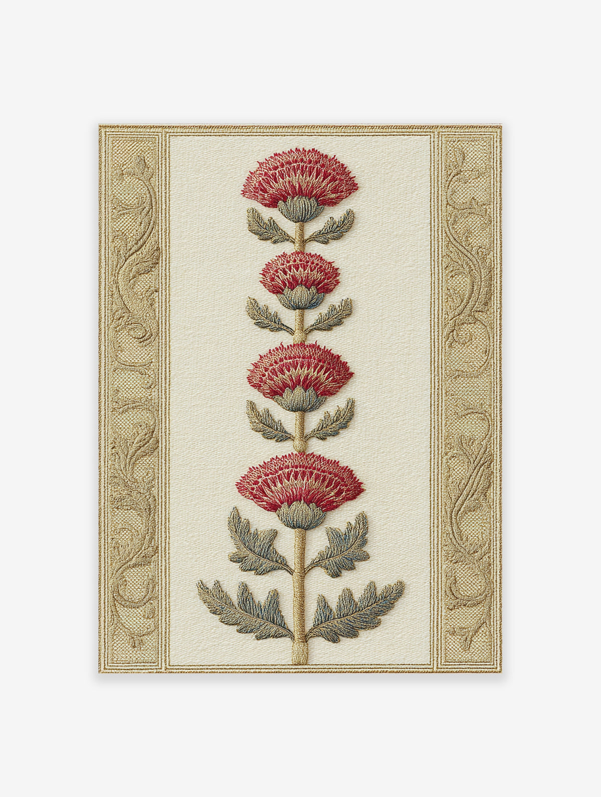 Red thistle botanical print with four crimson flower heads and gold ornate borders on cream background