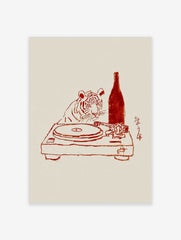 Red line art illustration of a tiger looking at a turntable with a bottle and Japanese characters
