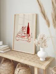 Red line art illustration of a tiger looking at a turntable with a bottle and Japanese, in an alternate framed mockup