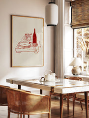 Red line art illustration of a tiger looking at a turntable with a bottle and Japanese characters, in a styled room mockup