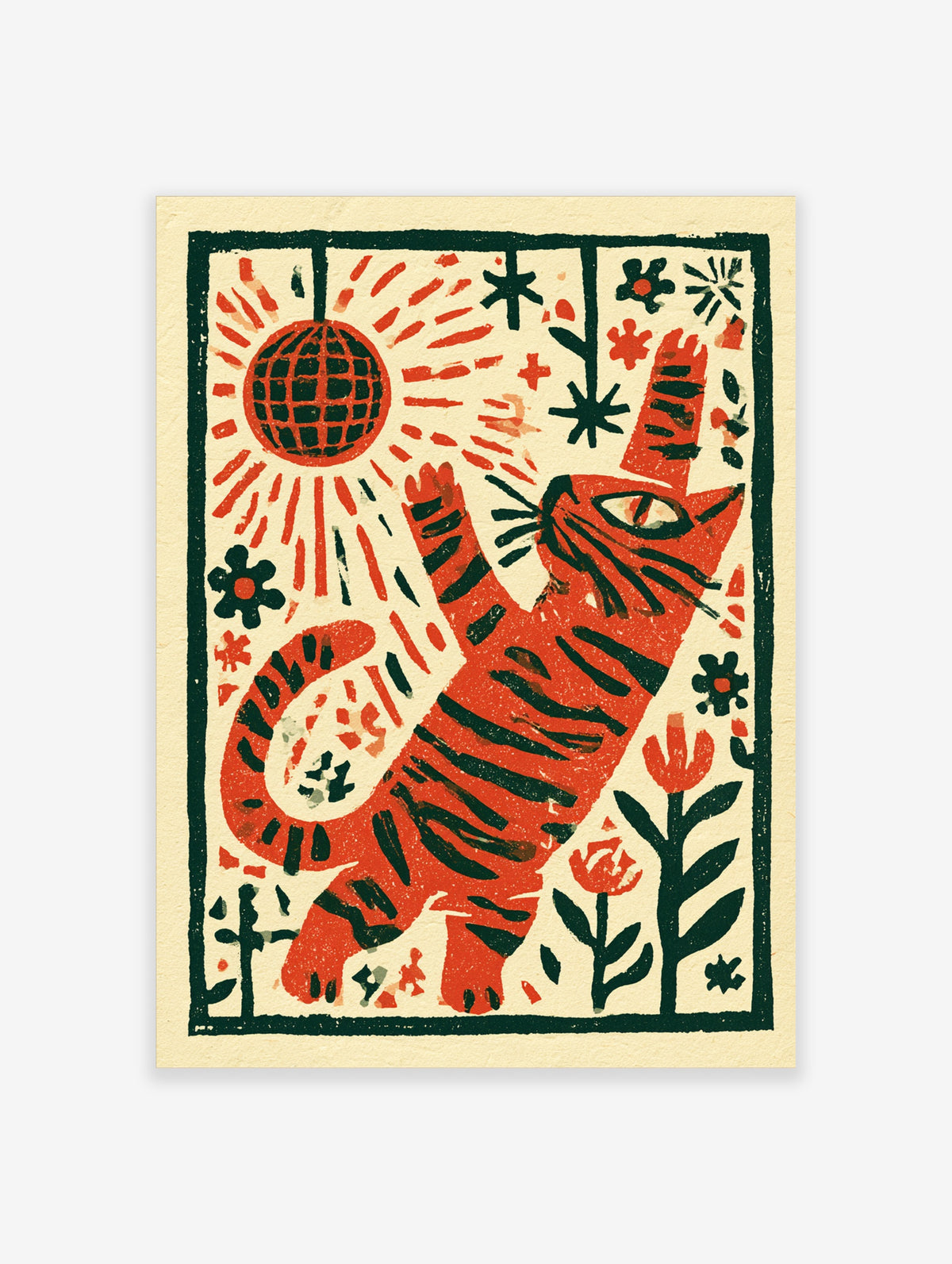 Red tiger block print reaching toward a grid sun with flowers and stars on cream paper