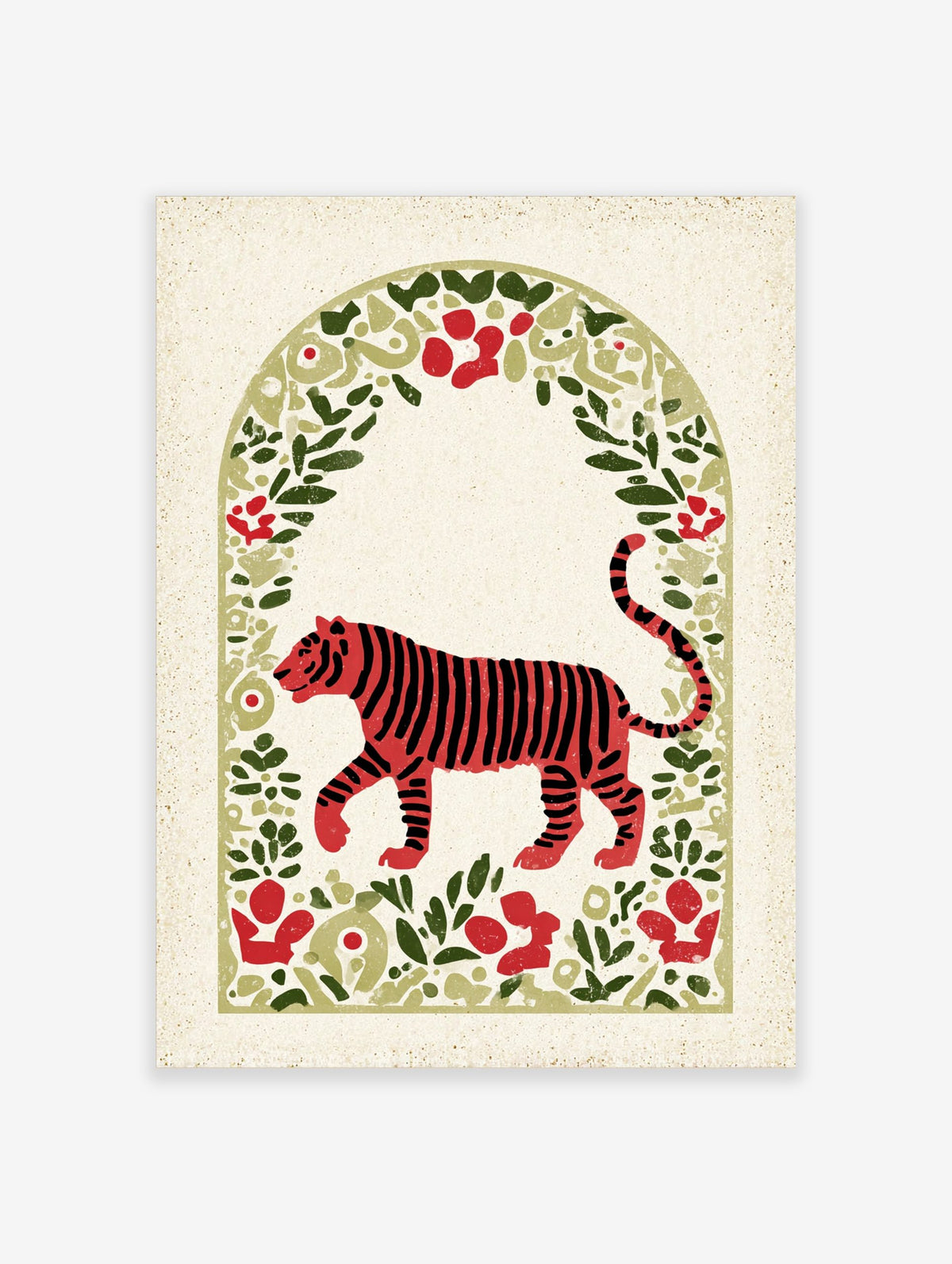 Red tiger illustration with black stripes, walking in an arched frame of green leaves and red flowers