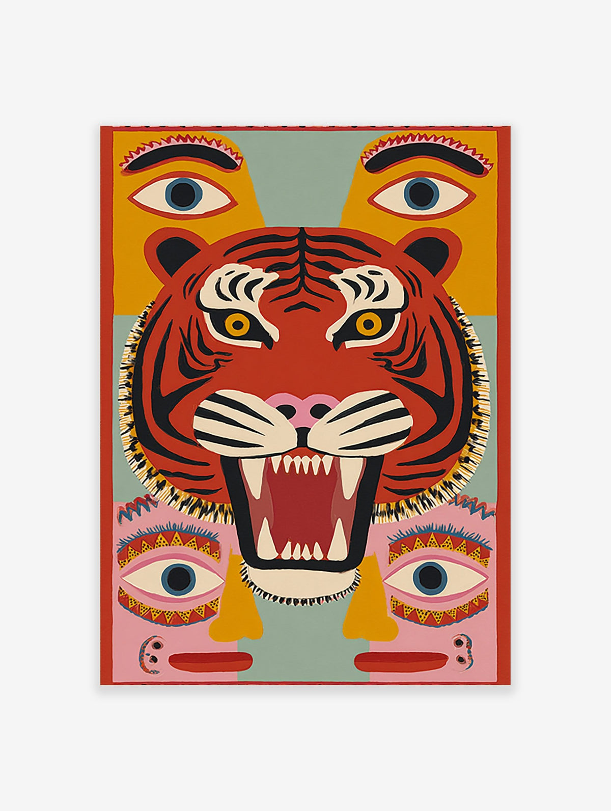 Stylised red tiger face with black stripes, yellow eyes, open mouth, surrounded by floating eyes on teal background