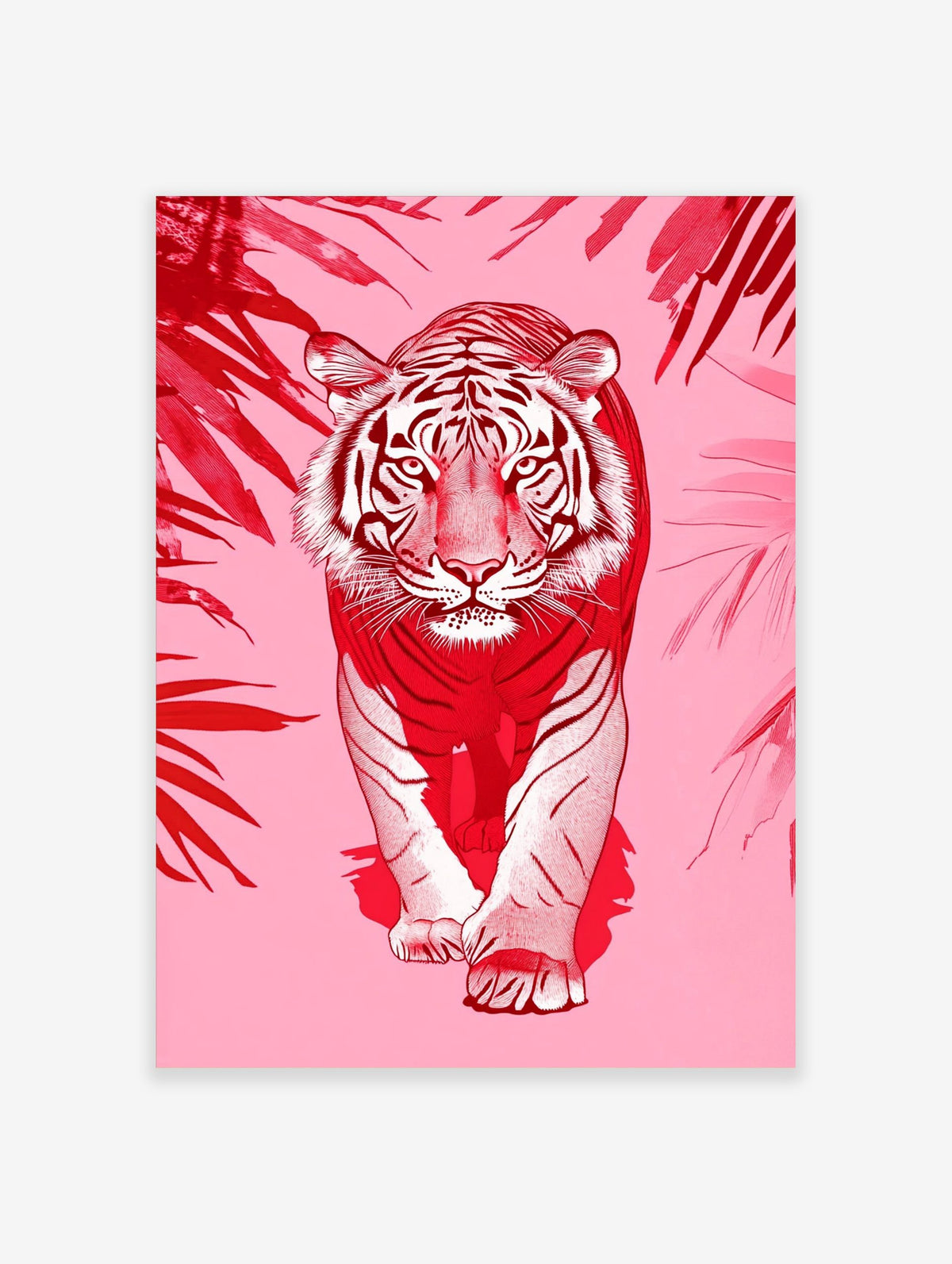 Red and white illustrative tiger walking forward, framed by red tropical leaves on a pink background