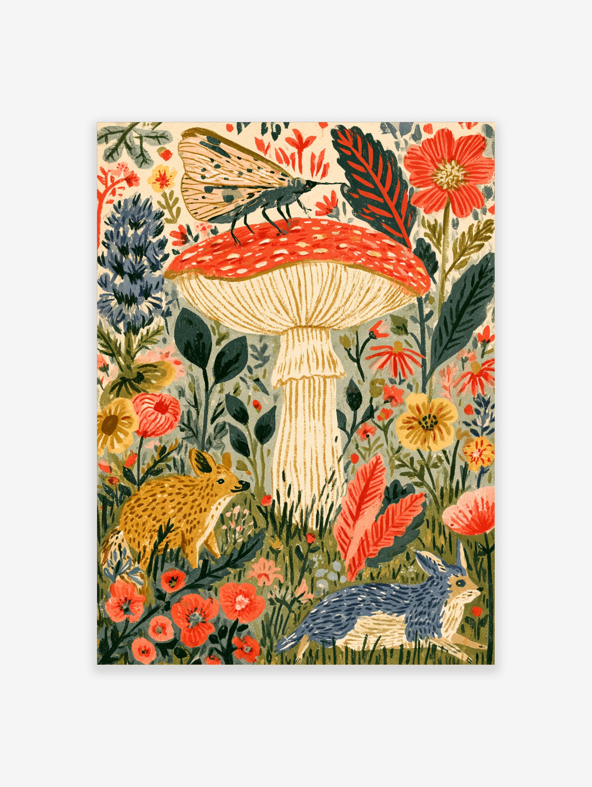 Whimsical woodland art print with red toadstool, moth, deer, and rabbit among colourful folk flowers
