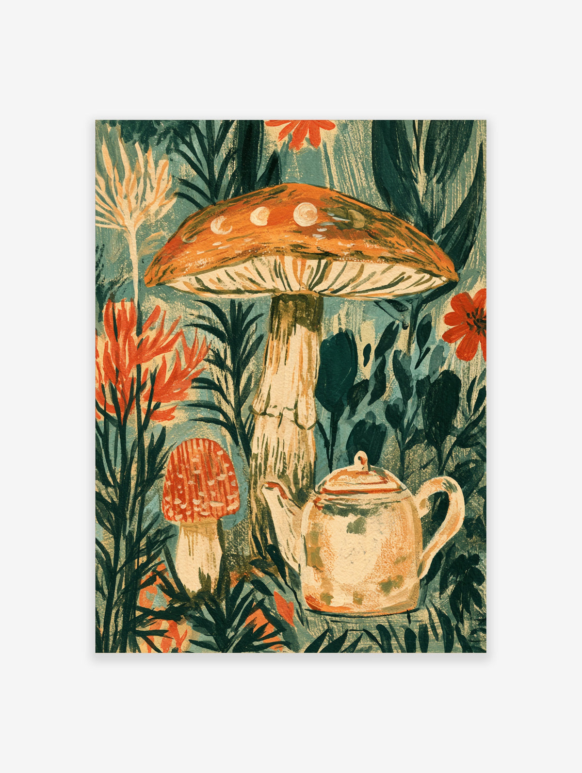 Red toadstool and teapot illustration with orange flowers on teal background art print