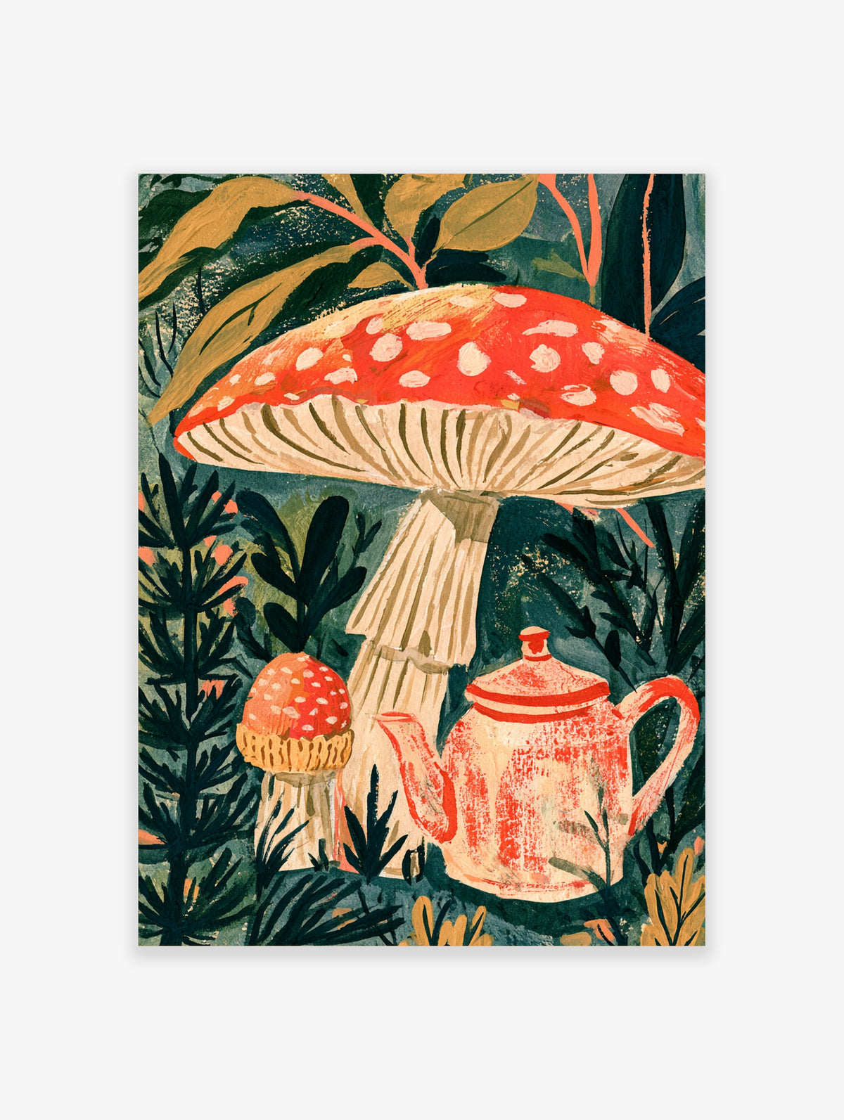 Red toadstool and teapot illustration with white spots and green foliage on a paper print