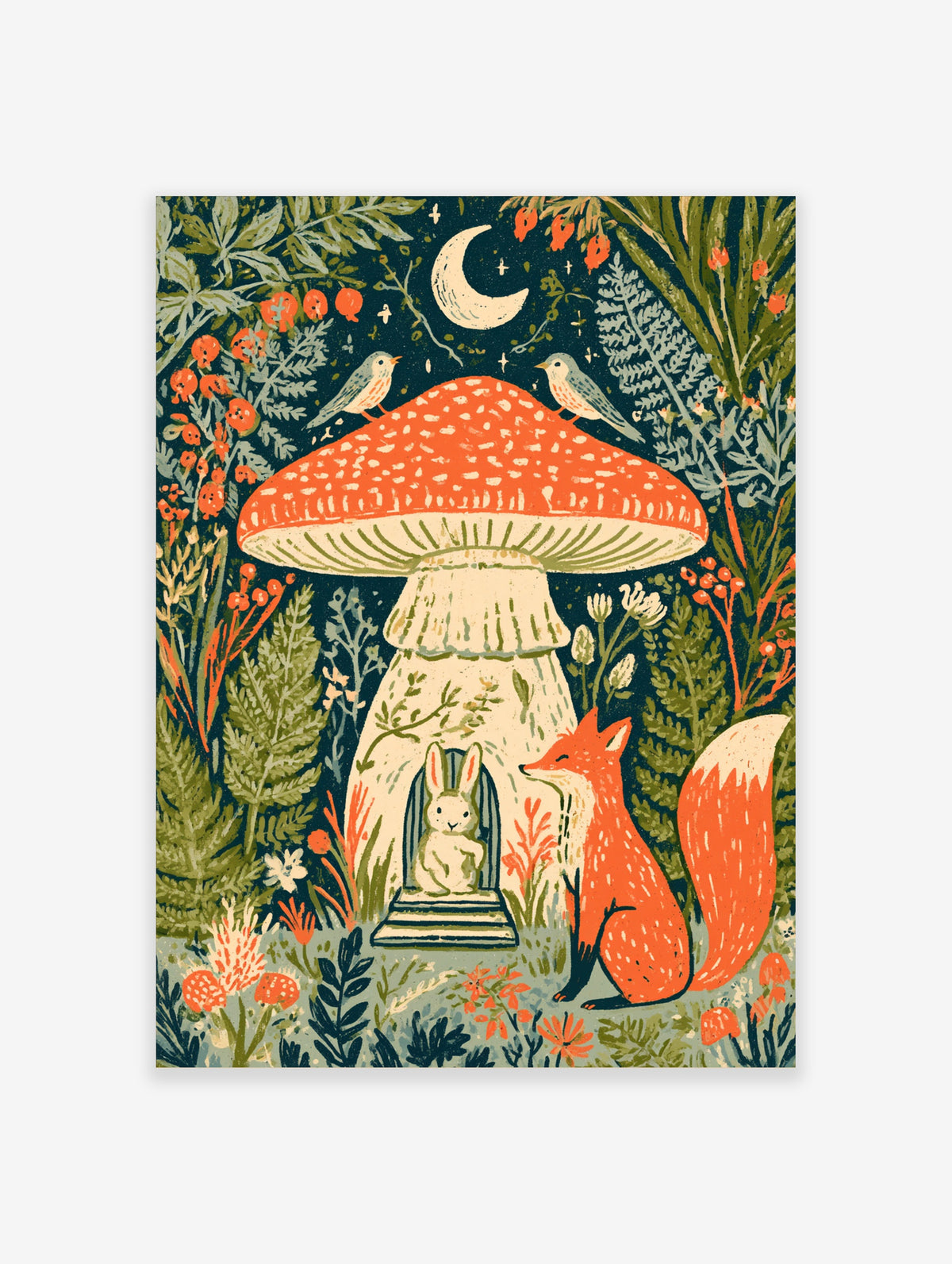 Red toadstool house with rabbit and fox in a teal woodland, crescent moon and birds above