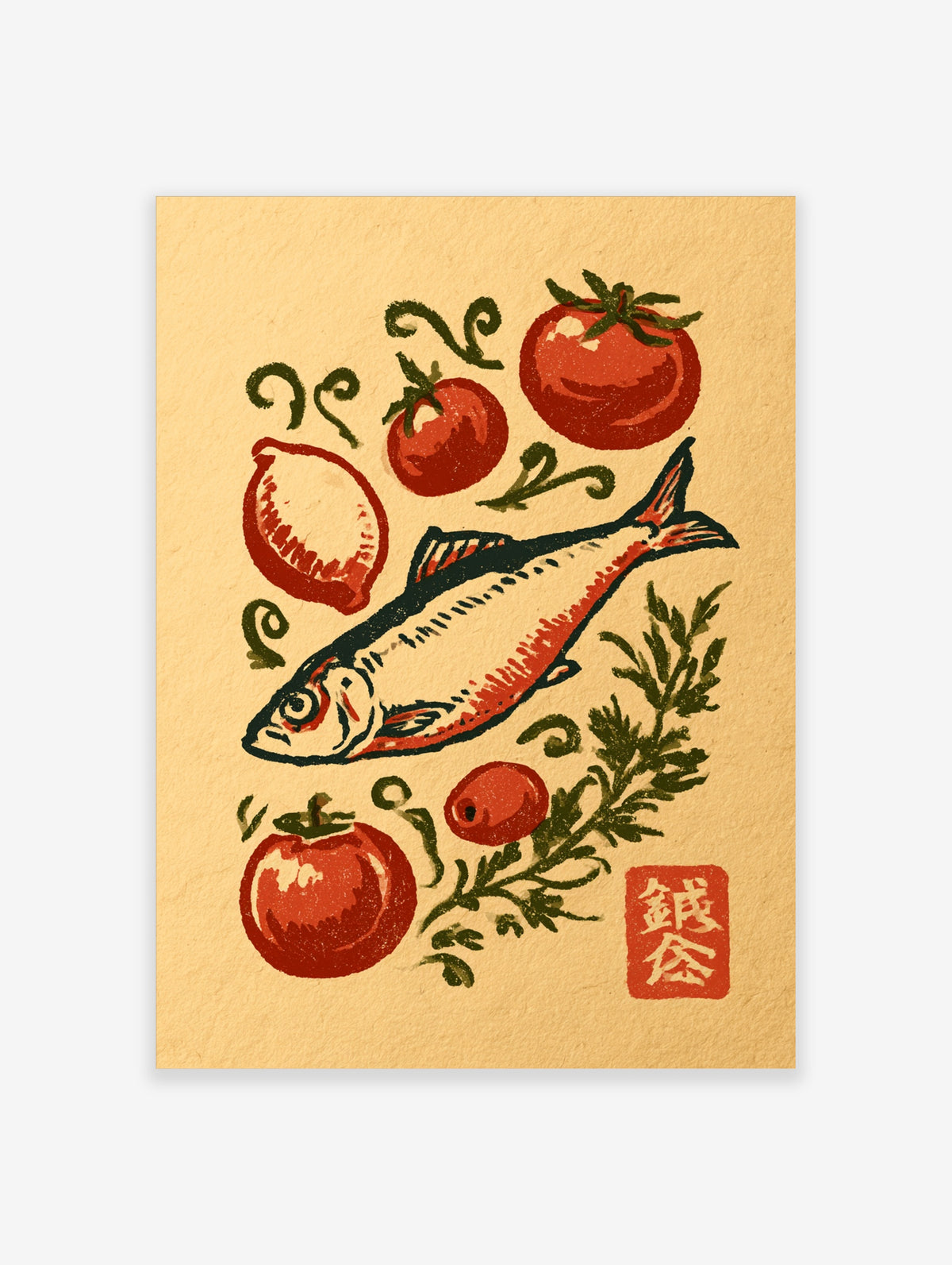 Red tomato and fish kitchen art print with lemon, herbs, and red seal stamp on beige background