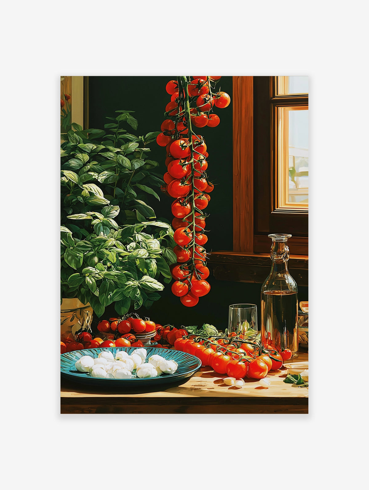 Red tomato vine and basil still life art print with blue bowl of mozzarella and glass bottle on wood