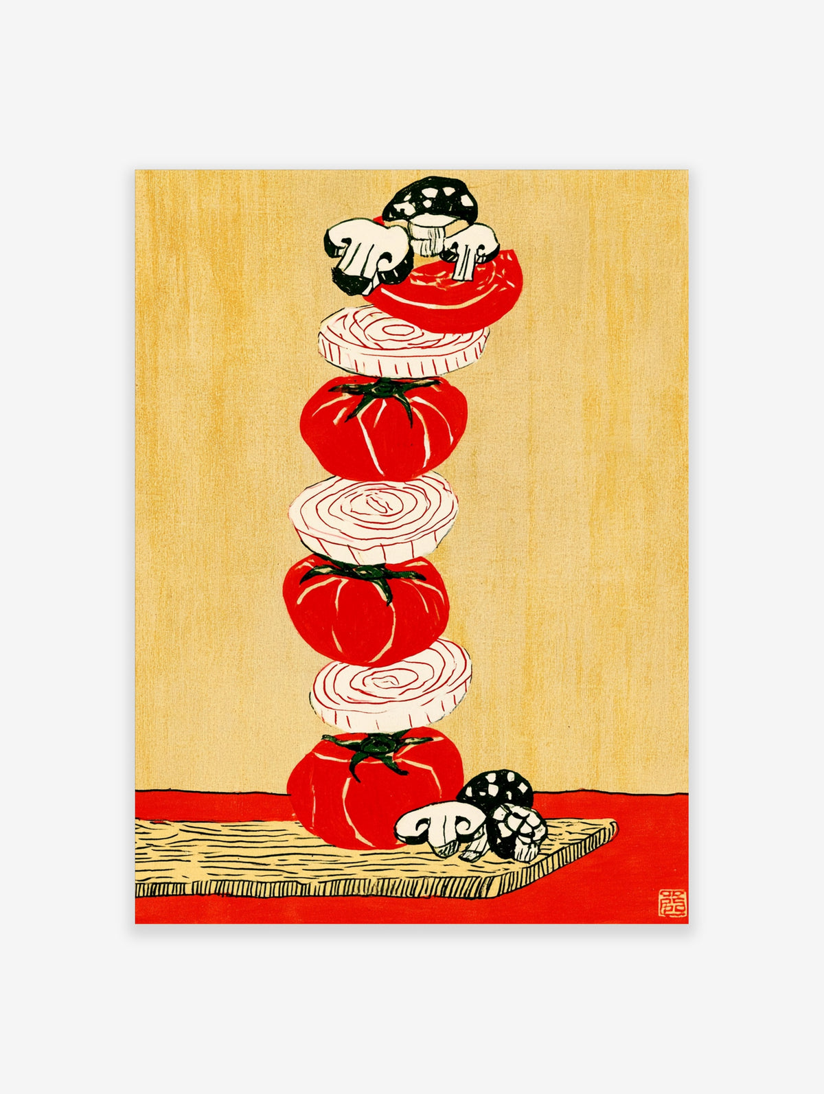Red tomato and mushroom stack poster with onion slices on a yellow background, food art print