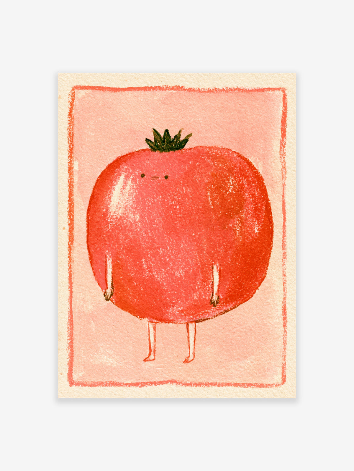 Red tomato character poster with green stalk, dot eyes, and thin limbs on pink background