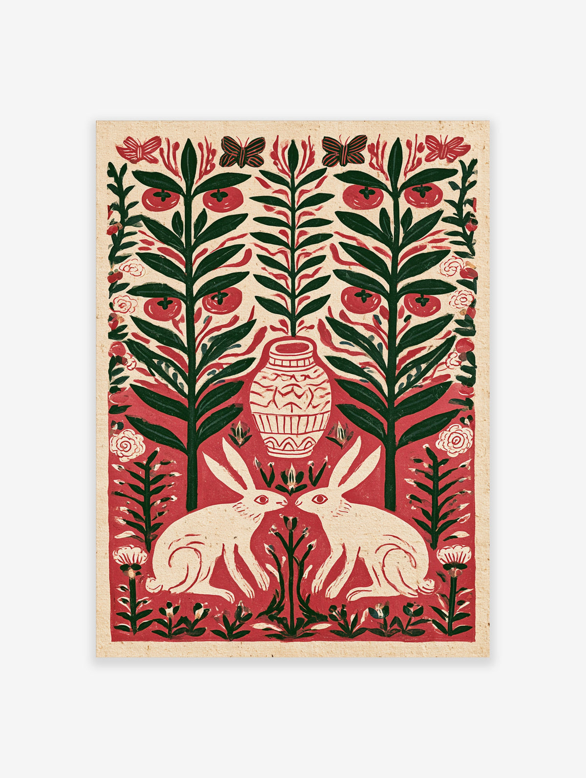 Folk art print of two white rabbits facing each other under a patterned vase with red tomatoes and green leaves