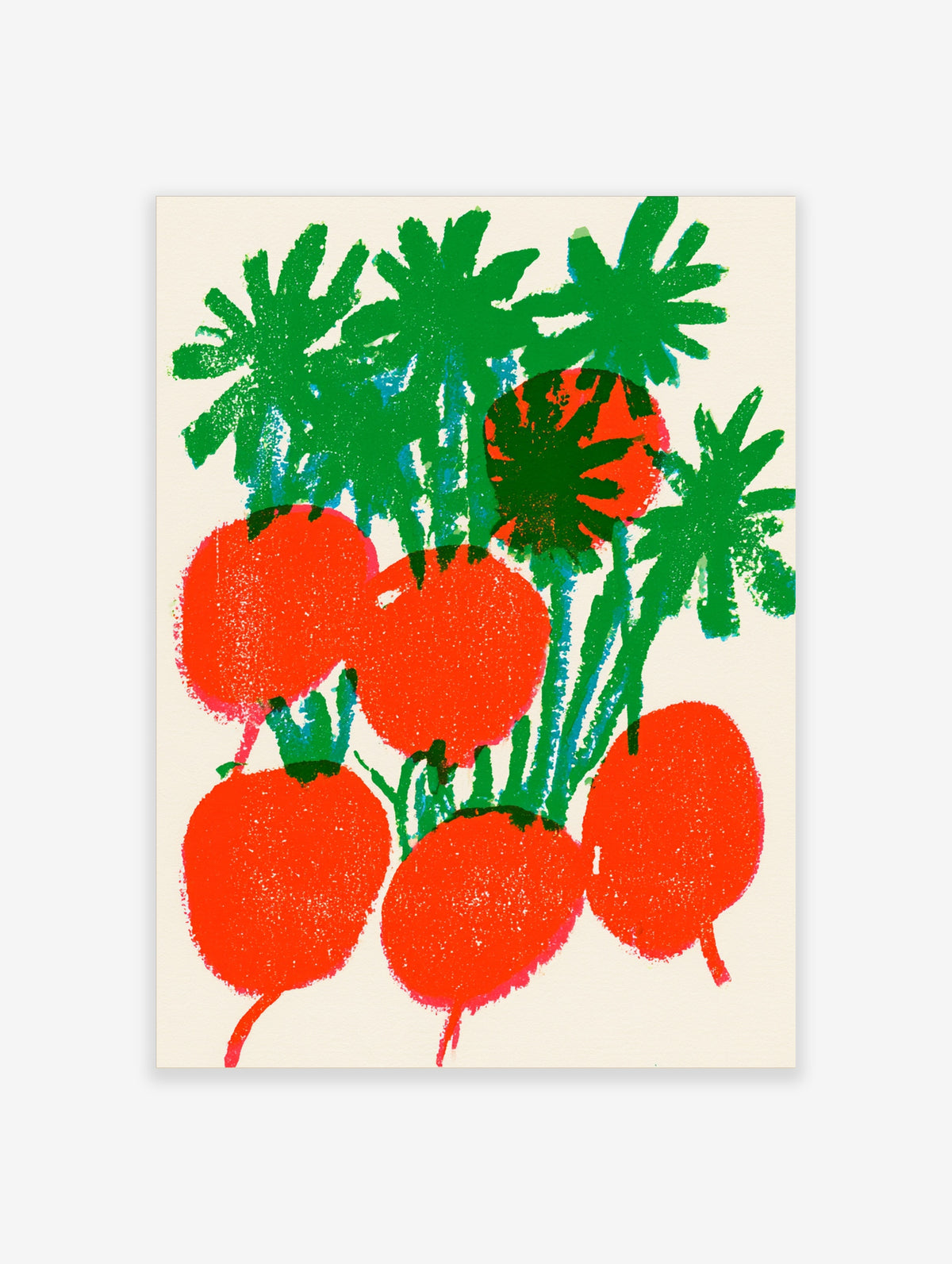 Red tomato poster with green spiky leaves and painterly screen-print texture on light background