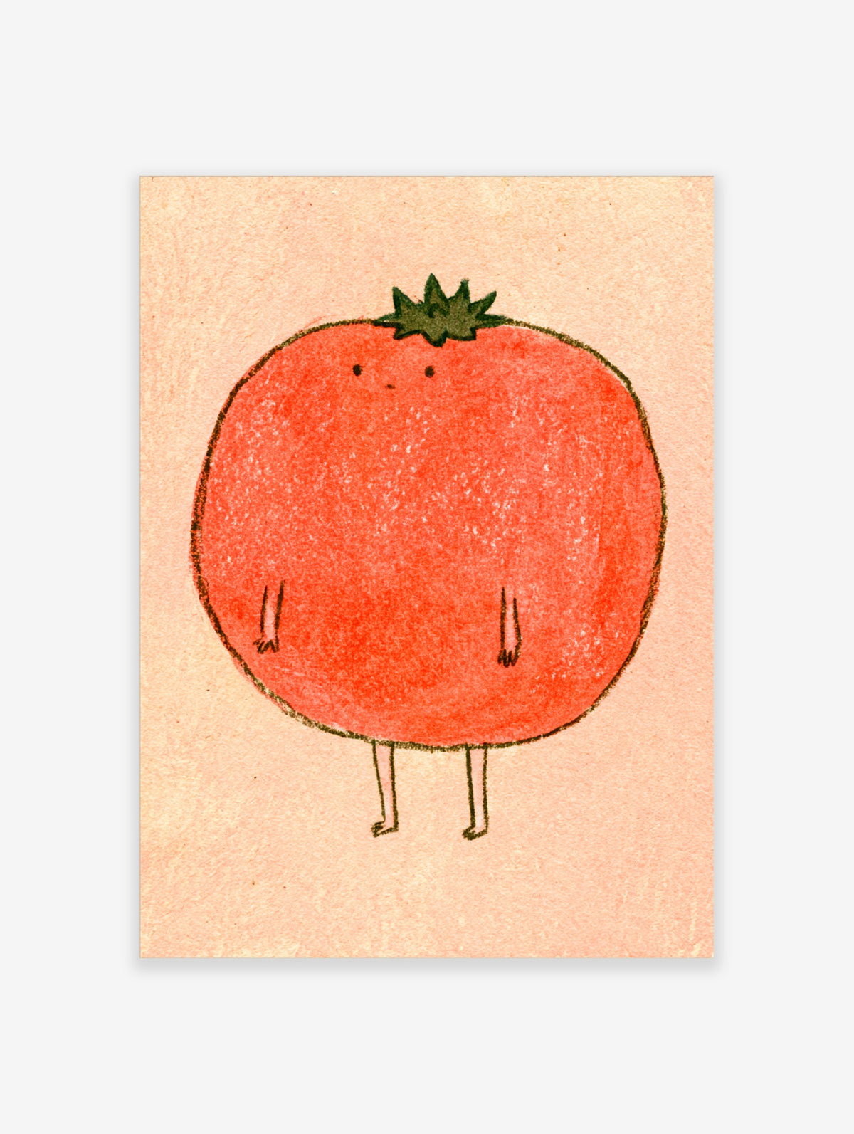 Red tomato character with green stalk and stick limbs on peach background, cute food illustration art print