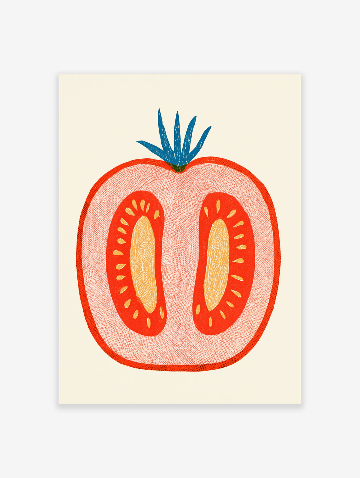 Halved red tomato illustration with blue stem and pale seeds on off-white background