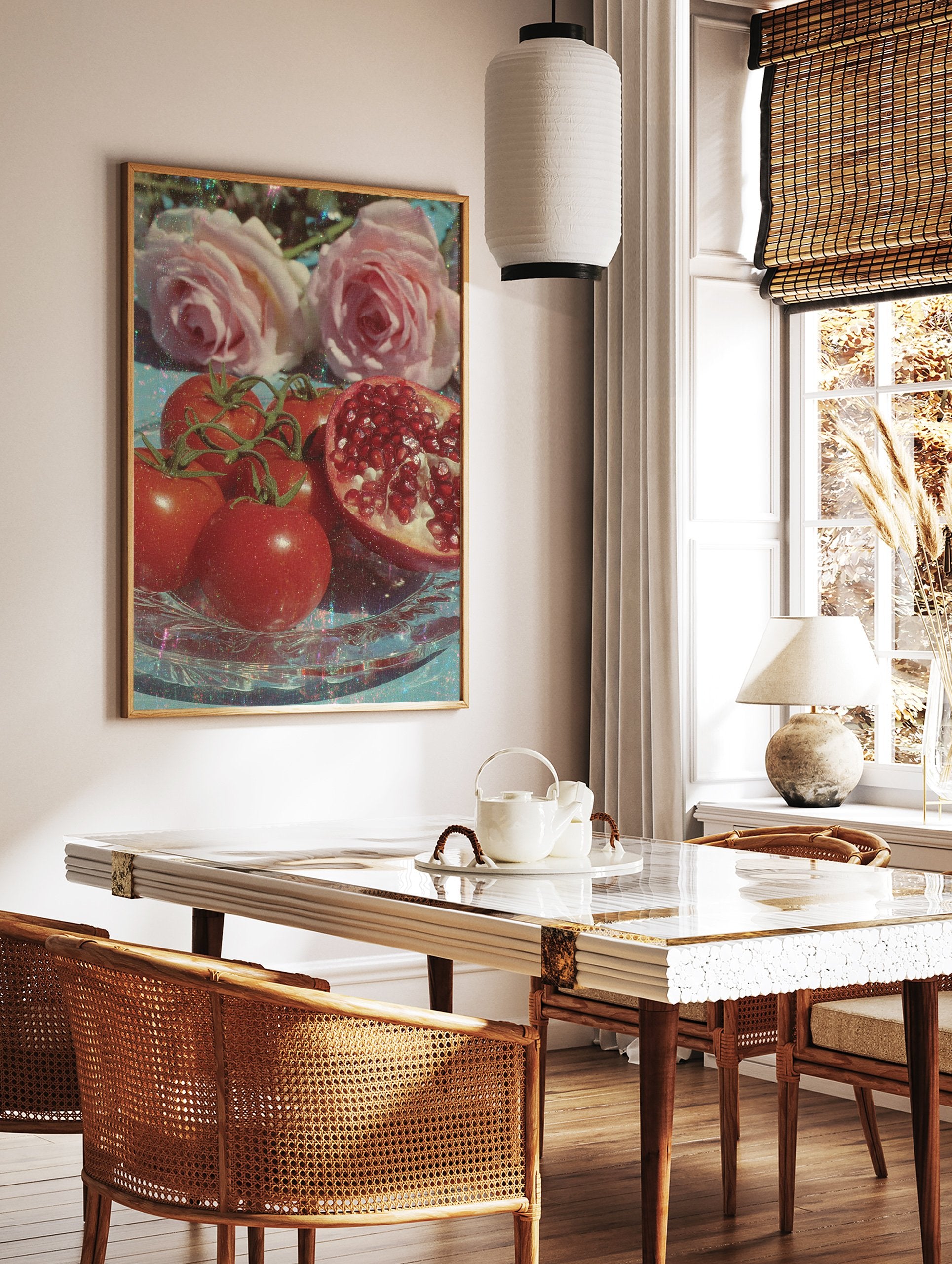 Poster of glistening red tomatoes, pink roses, and a sliced pomegranate on a clear glass plate with a blue background and glitter. - Image 2