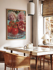 Poster of glistening red tomatoes, pink roses, and a sliced pomegranate on a clear glass plate with a blue background and glitter. - Image 2
