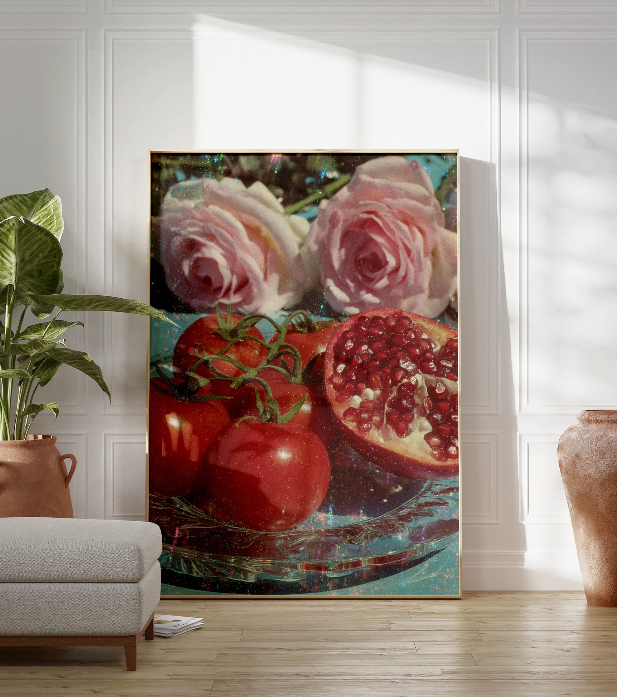 Poster of glistening red tomatoes, pink roses, and a sliced pomegranate on a clear glass plate with a blue background and glitter. - Image 3