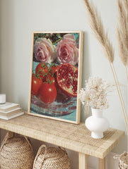 Poster of glistening red tomatoes, pink roses, and a sliced pomegranate on a clear glass plate with a blue background and glitter. - Image 4