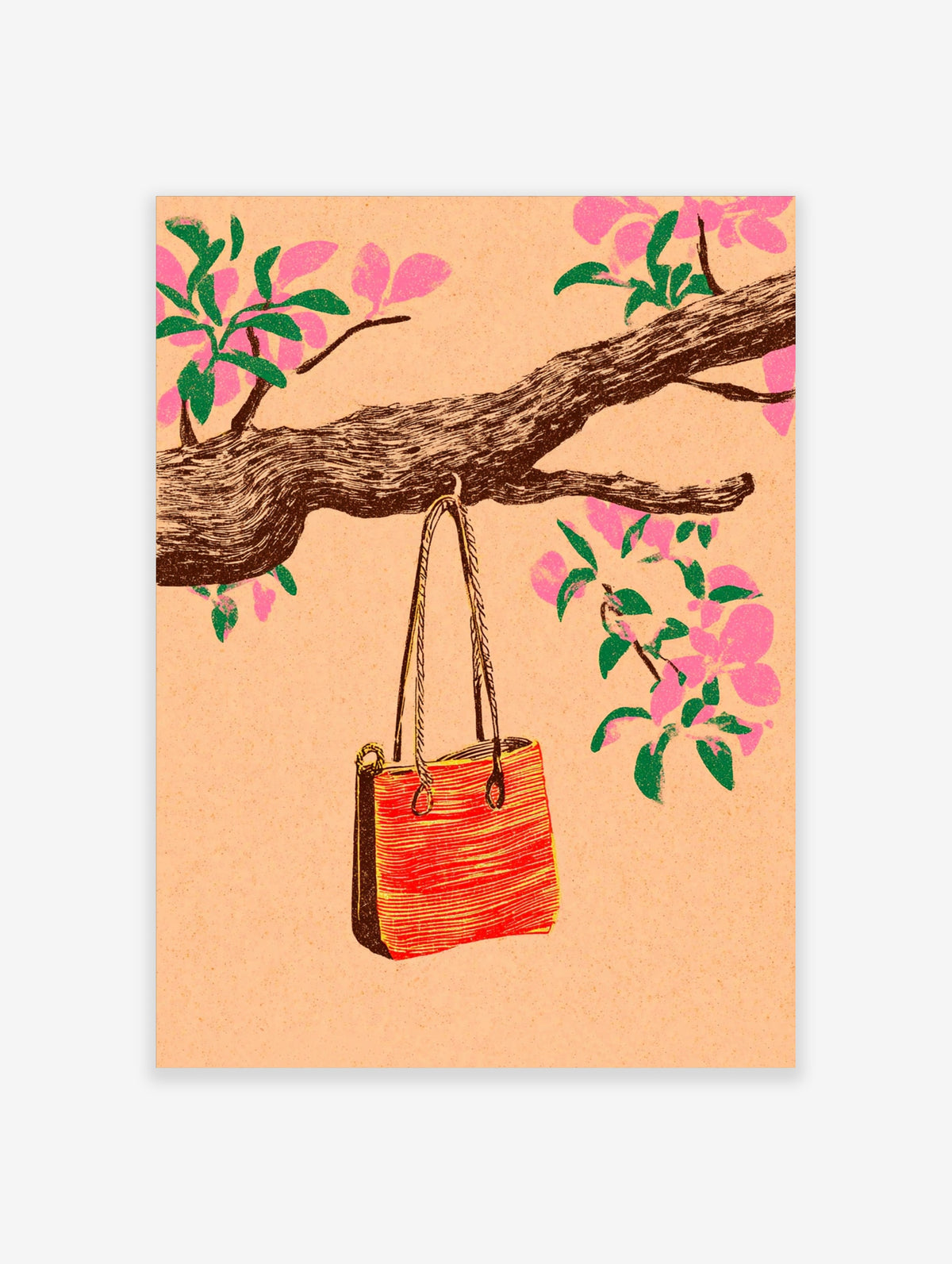 Red and yellow tote bag hanging from a tree branch with pink cherry blossom flowers on a peach background