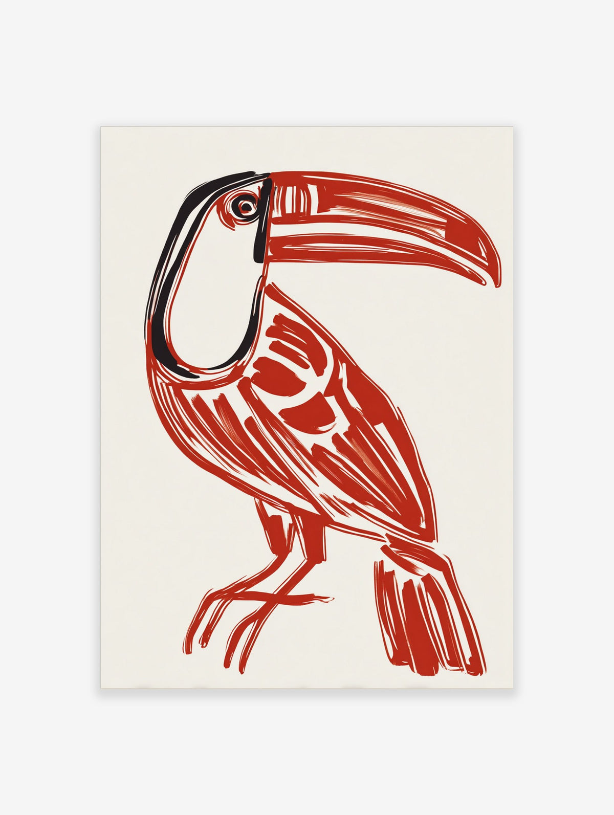 Bold red toucan bird illustration art print with black details on a cream background, portrait orientation