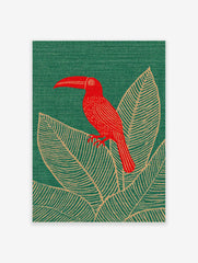 Red toucan bird with long beak perched on large tropical leaves on a green background, illustrative print