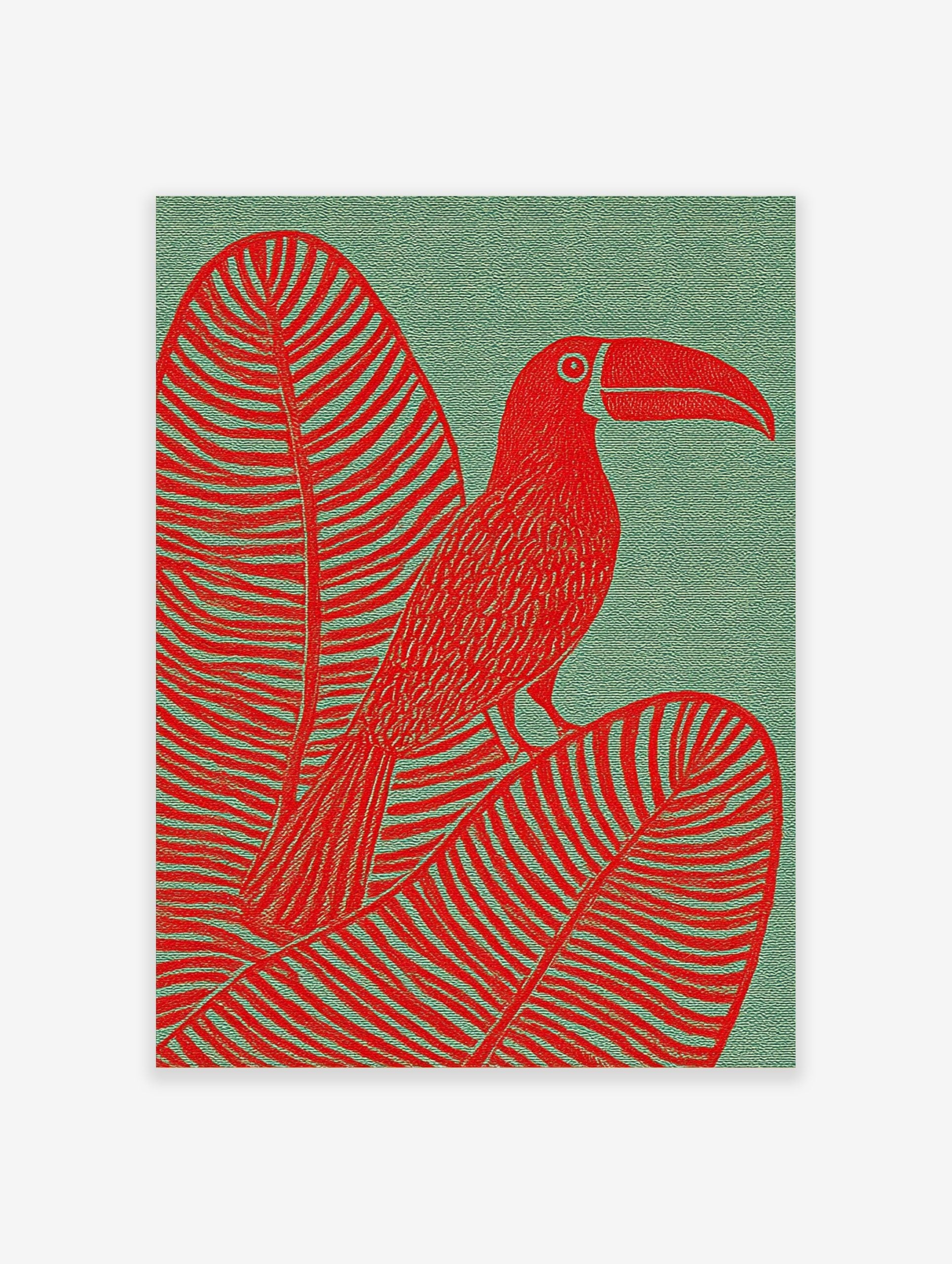 Red toucan with large bill perched on a striped tropical leaf against a textured teal background in illustrative style