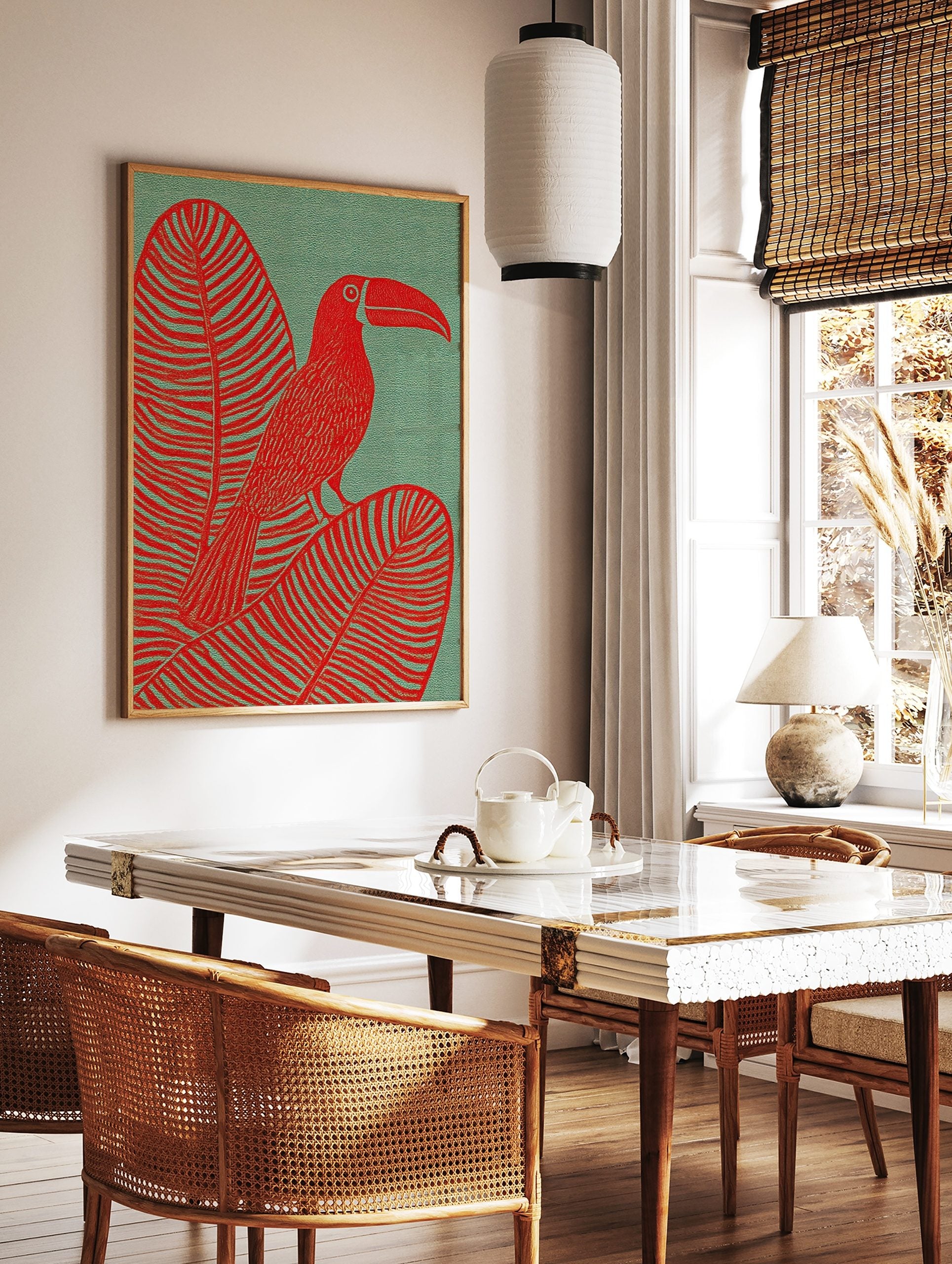 Red toucan with large bill perched on a striped tropical leaf against a textured teal background in, in a styled room mockup