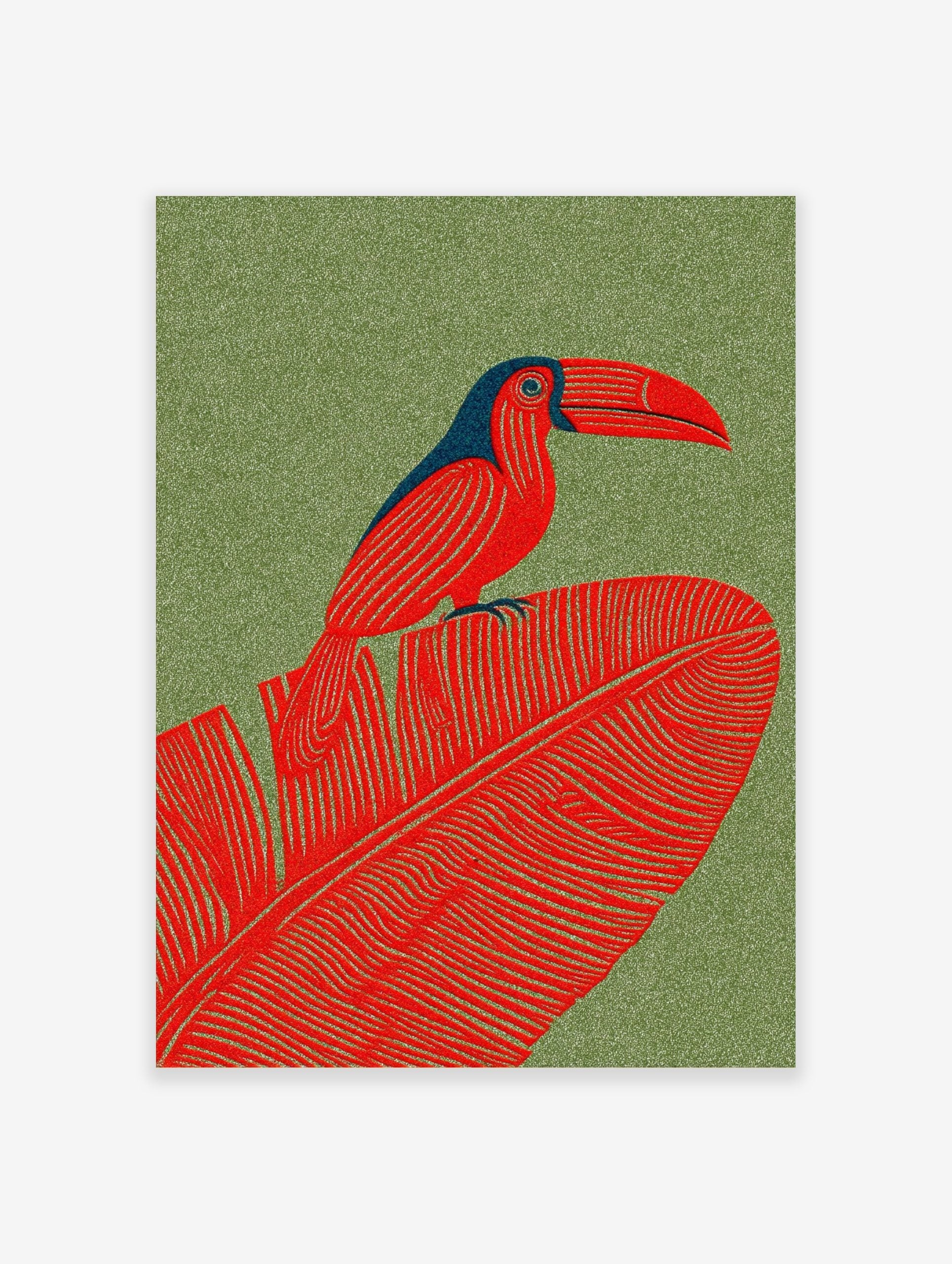 Red toucan with blue head perched on a large red tropical leaf against a green textured background in illustrative style