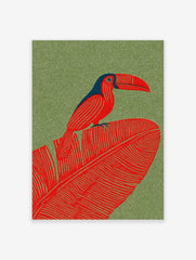 Red toucan with blue head perched on a large red tropical leaf against a green textured background in illustrative style