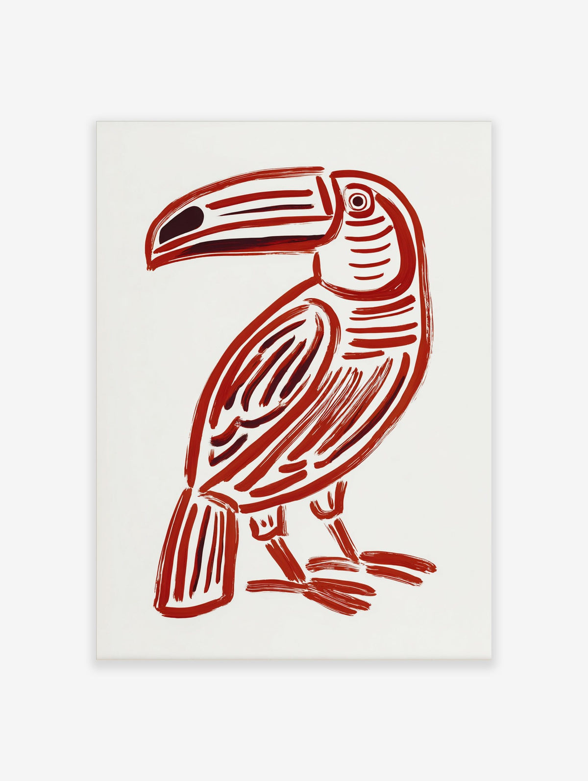 Red toucan illustration print with bold brushstrokes and dark accents on a white background, portrait orientation