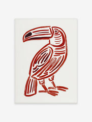 Red toucan illustration print with bold brushstrokes and dark accents on a white background, portrait orientation