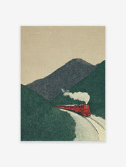 Red train traveling through a green mountain landscape with white smoke, in a vintage illustration wall art style.