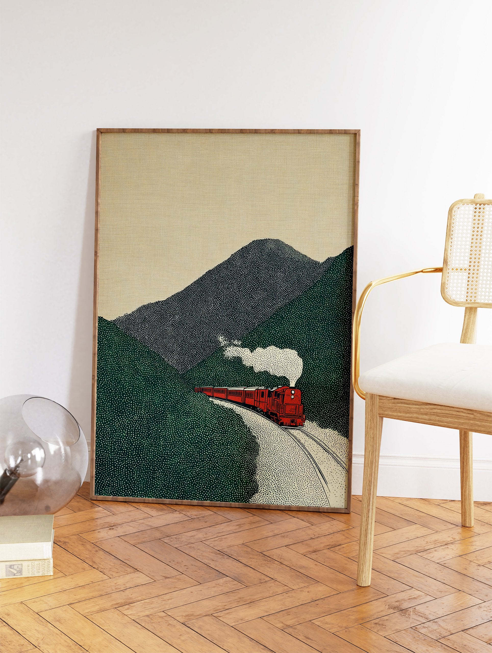 Red train traveling through a green mountain landscape with white smoke, in a vintage illustration wall art style. - Image 2