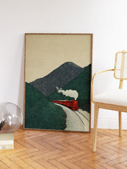 Red train traveling through a green mountain landscape with white smoke, in a vintage illustration wall art style. - Image 2