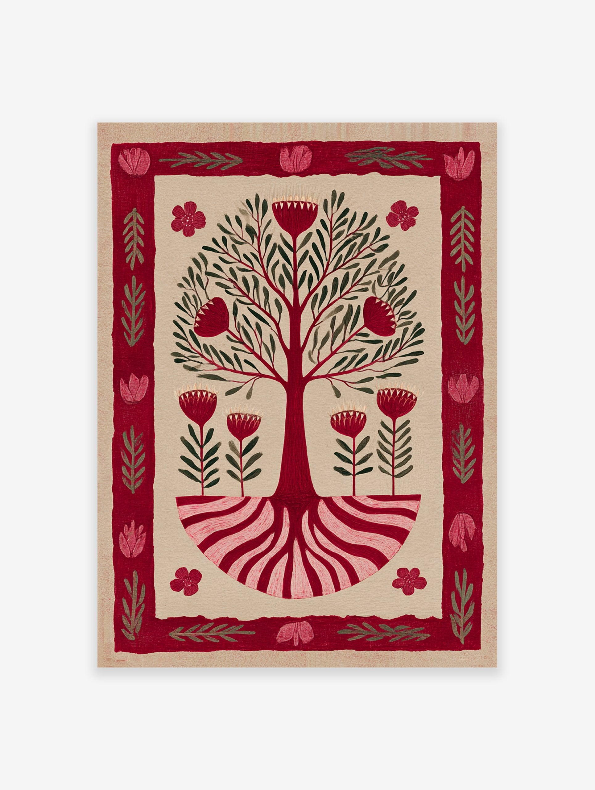 Red Tree of Life botanical illustration wall art with stylized flowers, green leaves, and roots on a beige background and red border.
