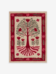 Red Tree of Life botanical illustration wall art with stylized flowers, green leaves, and roots on a beige background and red border.