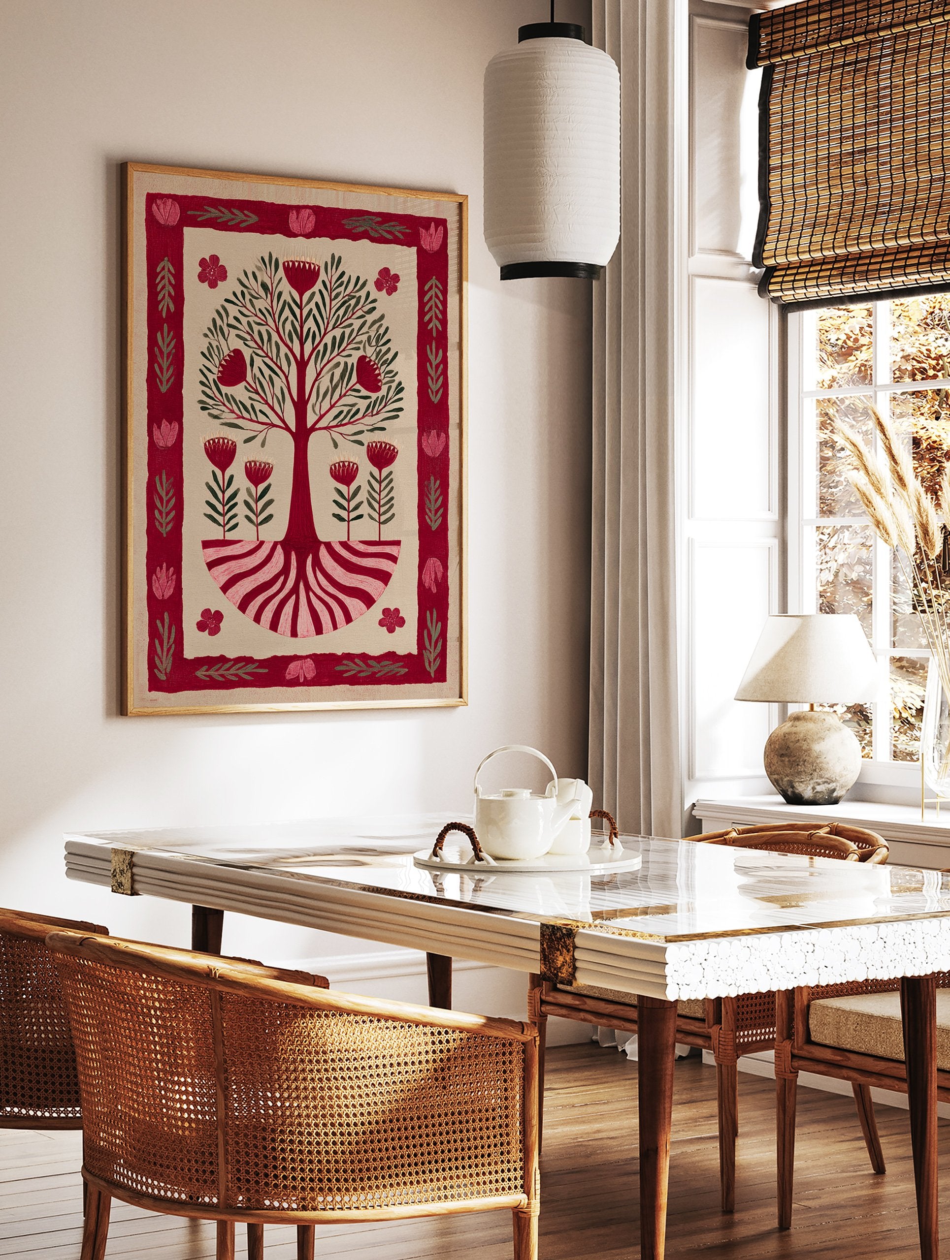 Red Tree of Life botanical illustration wall art with stylized flowers, green leaves, and roots on a beige background and red border. - Image 3