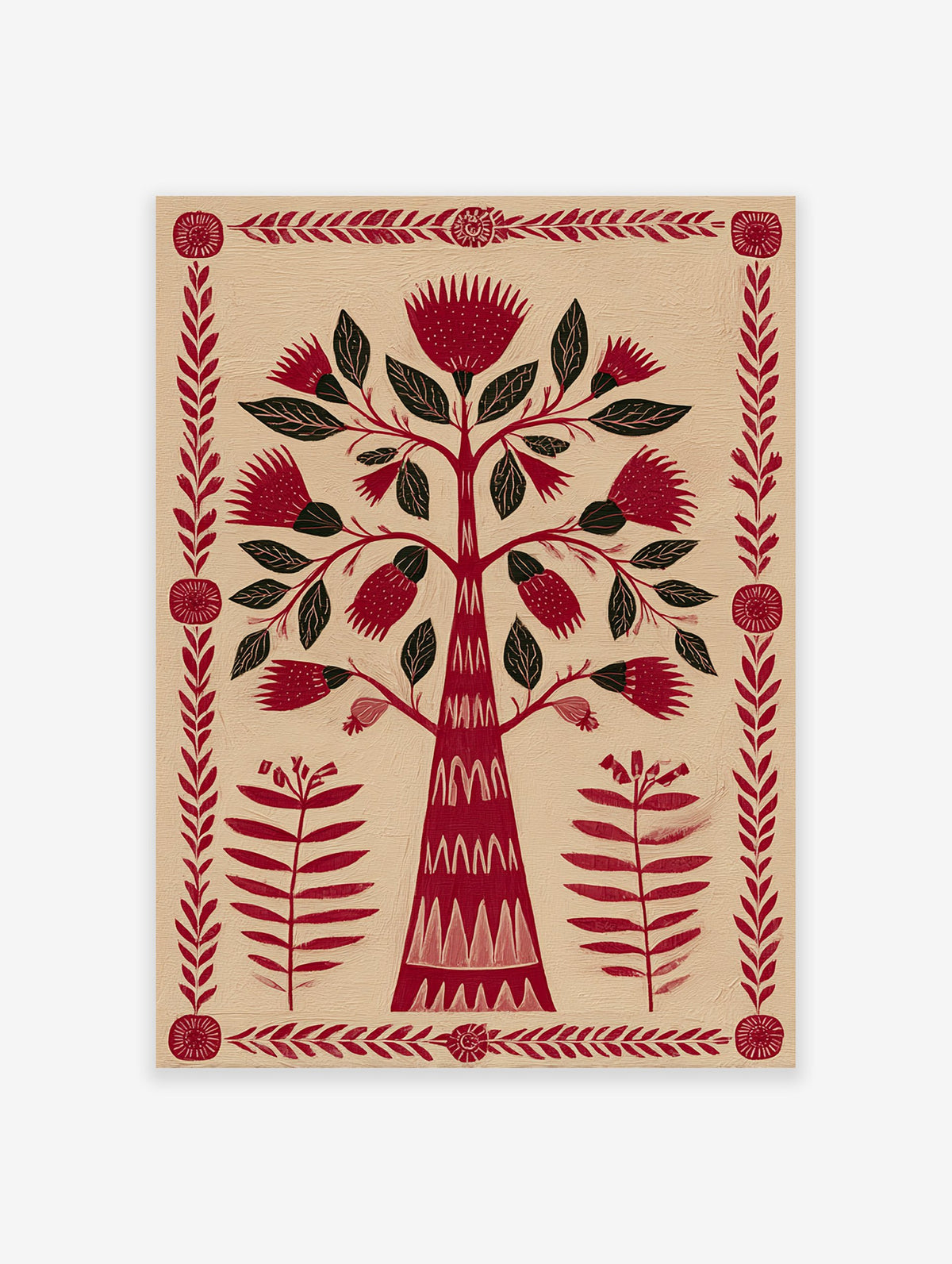 Red Tree of Life botanical folk art print with stylized flowers and leaves, framed by a decorative red border.