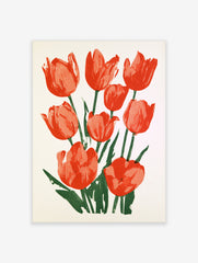 Red tulip flower botanical illustration with green stems and leaves on a clean white background as an unframed paper print