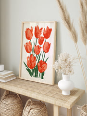 Red tulip flower botanical illustration with green stems and leaves on a clean white, in an alternate framed mockup